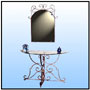 A perfectly sculptured wrought iron concept in semi-circular configuration. This nice composition would go well with any passageway. Another "Ladona" piece.   Mirror Frame        Sizes: H : 35"  W : 27.5"  WT : 17 lbs (with Mirror)   Console Table    Sizes: H : 30"  Top Size : 16" x 42"  WT : 33 lbs (without Glass Top)    