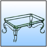 Center table    Twin top frame with peg legs and matching cold forged in lay.    Sizes: H :  W :  WT :  lbs (Without Glass)    Twin top frame with peg legs.  