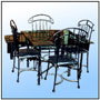 A unique set for four. Hot forged with an oriental touch. Another set out of "Comforta" range of dinning sets. Available both as a blend of tubing and hot hand wrought iron. Rich knots and twists to complement the value and aesthetics.   Chair   Sizes: B.H : 42"  S.H : 17"   S. Size : 16" x 15"  WT : 31 lbs   A blend of 1/2" Round Stock in basic frame work.   Motif & filling in 1/2" Premium Grade Round Tubing.    Chair brasses; Solid Stock 3/8" with matching forged reef knots.   Table    Sizes: H : 29"  Top Size : 42" x 42"  WT : 33 lbs (Without Glass)   A blend of Heavy gauge Round 11/8" dia. Base Stems in Carbon Steel machined Sections.    Bracing; hot worked 1/2" Round knotted & Twisted forging.       