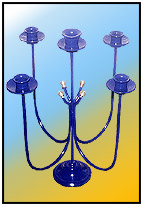 Candle Bunch    "Aestheta" range - heavy alloy.   Sizes: H : 24".25"  W : 21"  WT : 14 lbs     Profiled Machined, alloy moulded base 5.75" dia.  1/2" Round Stock; bent stem.  Light alloy moulded; Machined Candle Plates & Funnels 3" dia with Spikes.  Scratch Solid brass end Knobs 3/4" dia.  